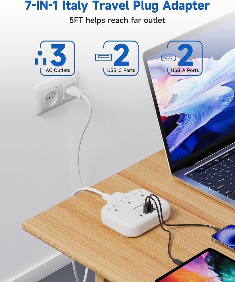 meta-ant Italy Travel Plug Adapter with 5FT Extension Cord, Italy Power Adapter with 3 American Outlets 4 USB Ports(2 USB-C), Type L Adapter for US to Italy Chile Ethiopia Libya Syria Tunisia Uruguay - Image 5